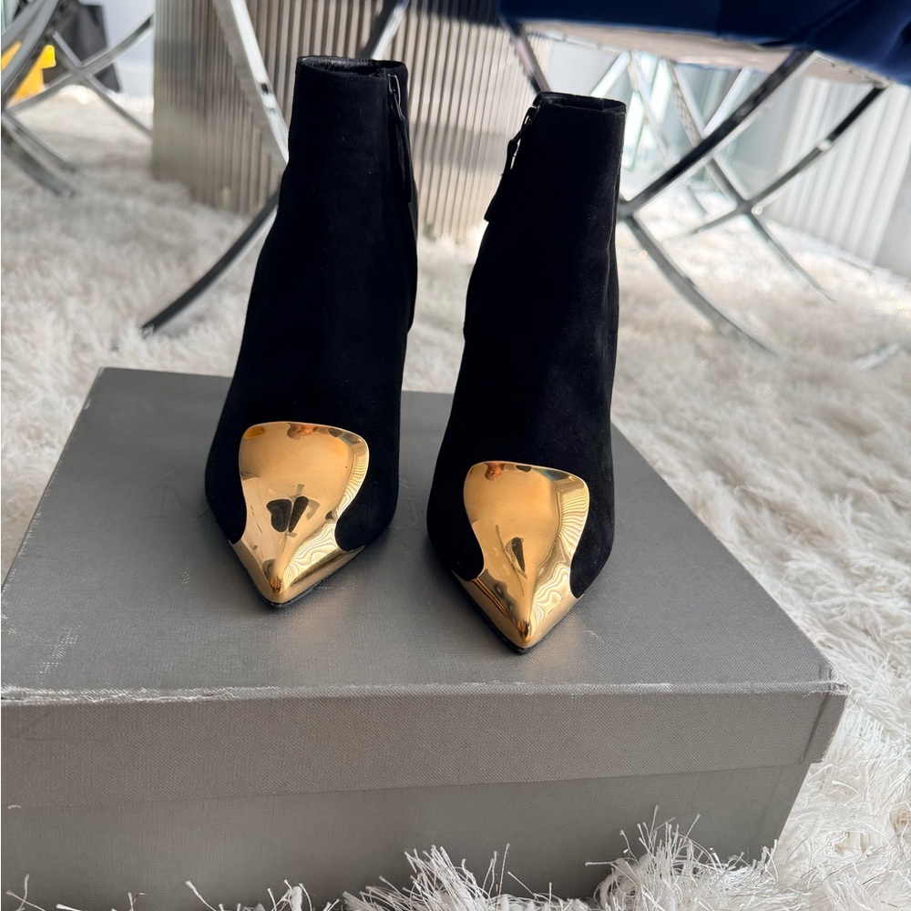 Alexander McQueen Elegant Black Suede and Gold Women's Ankle Booties